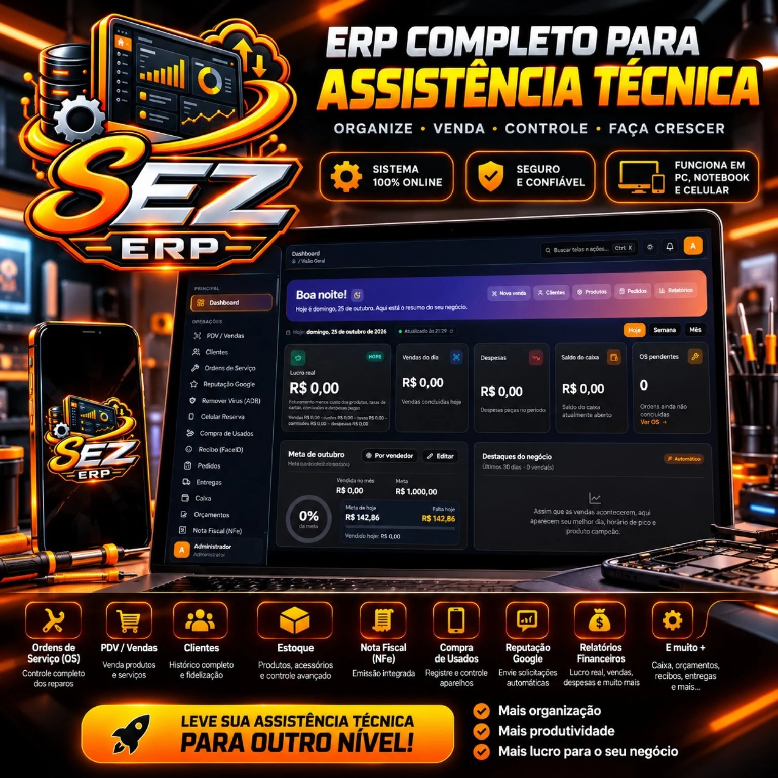 SEZ ERP — sistema completo para assistência técnica, com gestão de vendas, estoque, ordens de serviço e financeiro